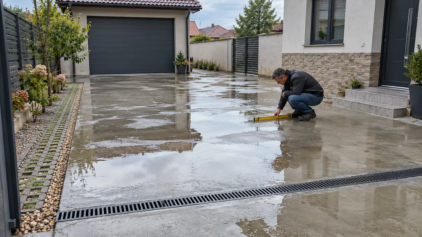 Curte betonată cu apă acumulată și specialist care verifică panta către o rigolă