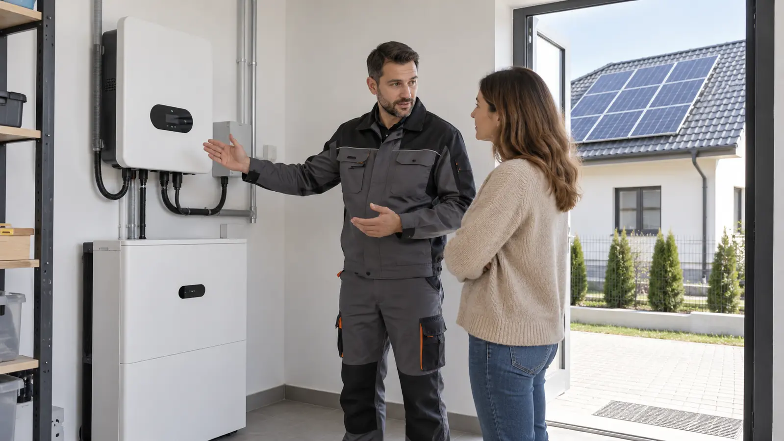 Un electrician prezintă unei proprietare un invertor și o baterie de stocare într-o cameră tehnică luminată neutru