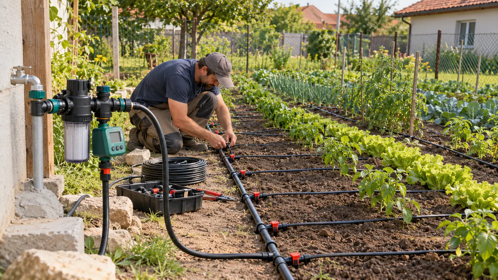 Instalator care montează filtrul, regulatorul și liniile de picurare într-o grădină de legume