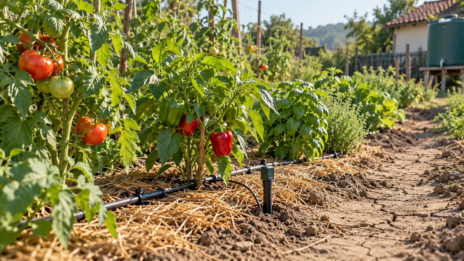 Grădină de legume cu furtun de picurare, mulci și senzor de umiditate în sol
