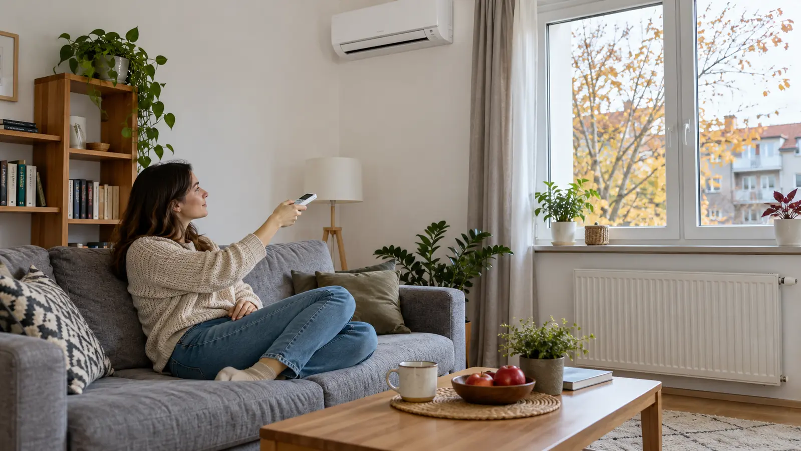 O femeie folosește telecomanda unui aparat de aer condiționat într-un living cu radiator și lumină neutră de zi