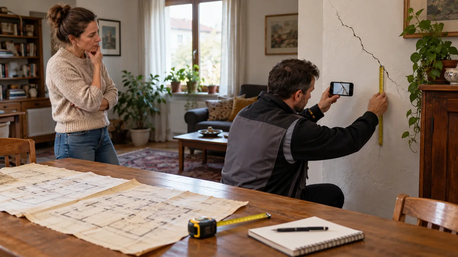 Expert tehnic care fotografiază și măsoară o fisură într-o casă locuită