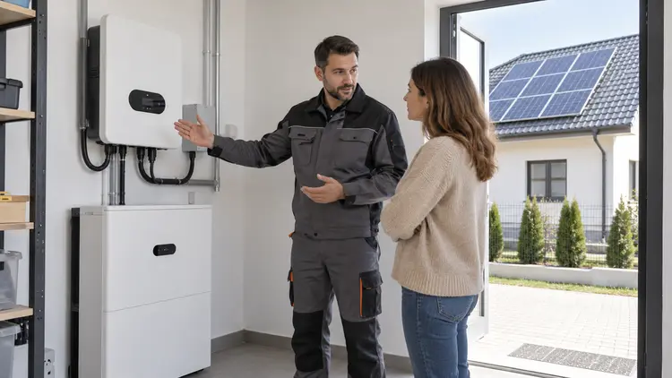 Un electrician prezintă unei proprietare un invertor și o baterie de stocare într-o cameră tehnică luminată neutru