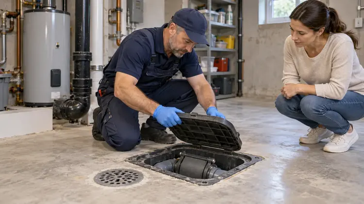 Instalator care inspectează o supapă antiretur accesibilă în pardoseala unui subsol