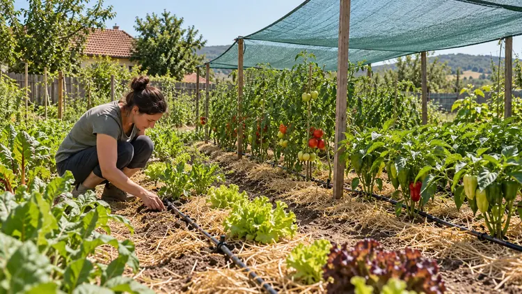 Grădină de legume cu plasă de umbrire, mulci din paie și linii de picurare