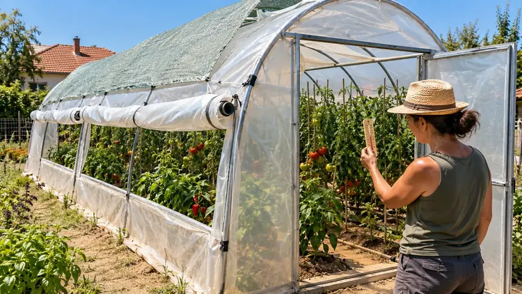 Solar de legume cu lateralele ridicate și plasă exterioară de umbrire