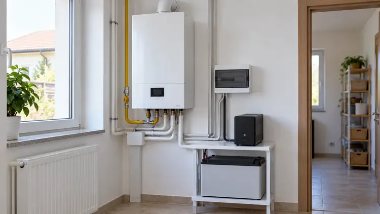 O centrală termică închisă și un sistem de alimentare de rezervă cu acumulator, într-o cameră tehnică luminată natural