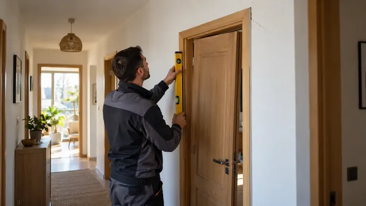 Specialist care verifică verticalitatea tocului unei uși lângă o fisură în perete